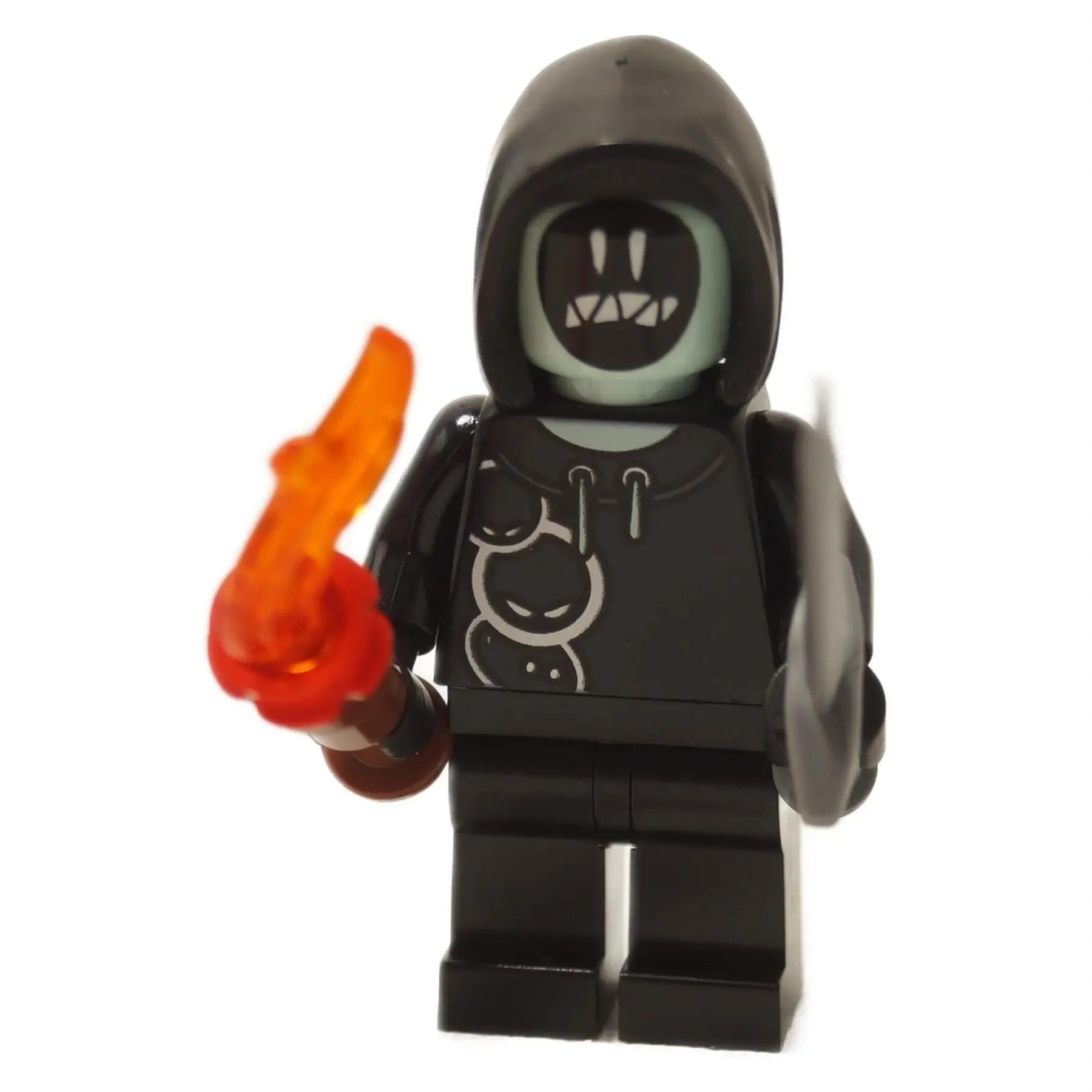 LEGO® Fortnite Grimey minifigure from set 77076 with black hood, ghost face, and printed soul design