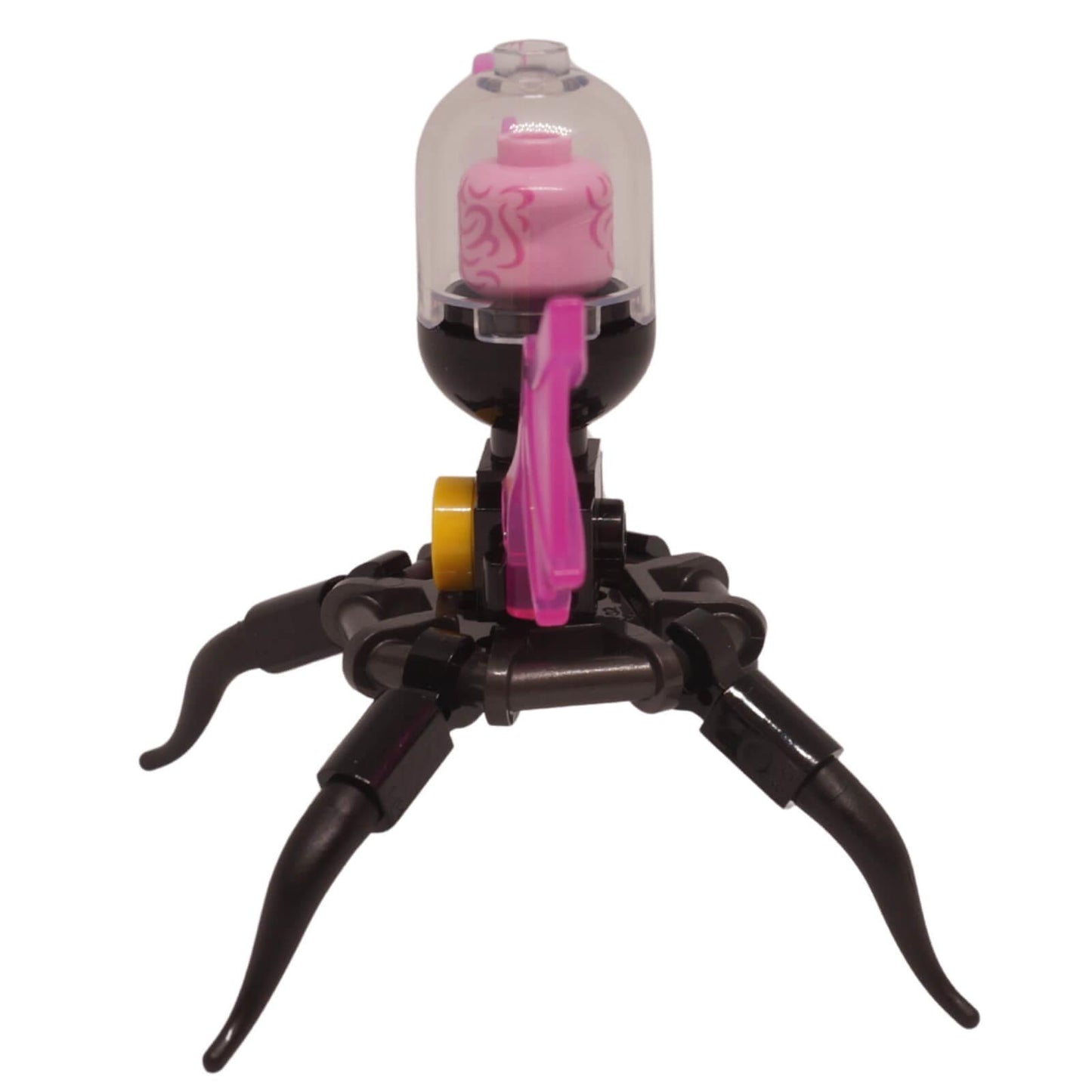 LEGO Dreamzzz Grimspawn creature with translucent pink wings, four black legs, and a pink head in a clear glass dome,side view.