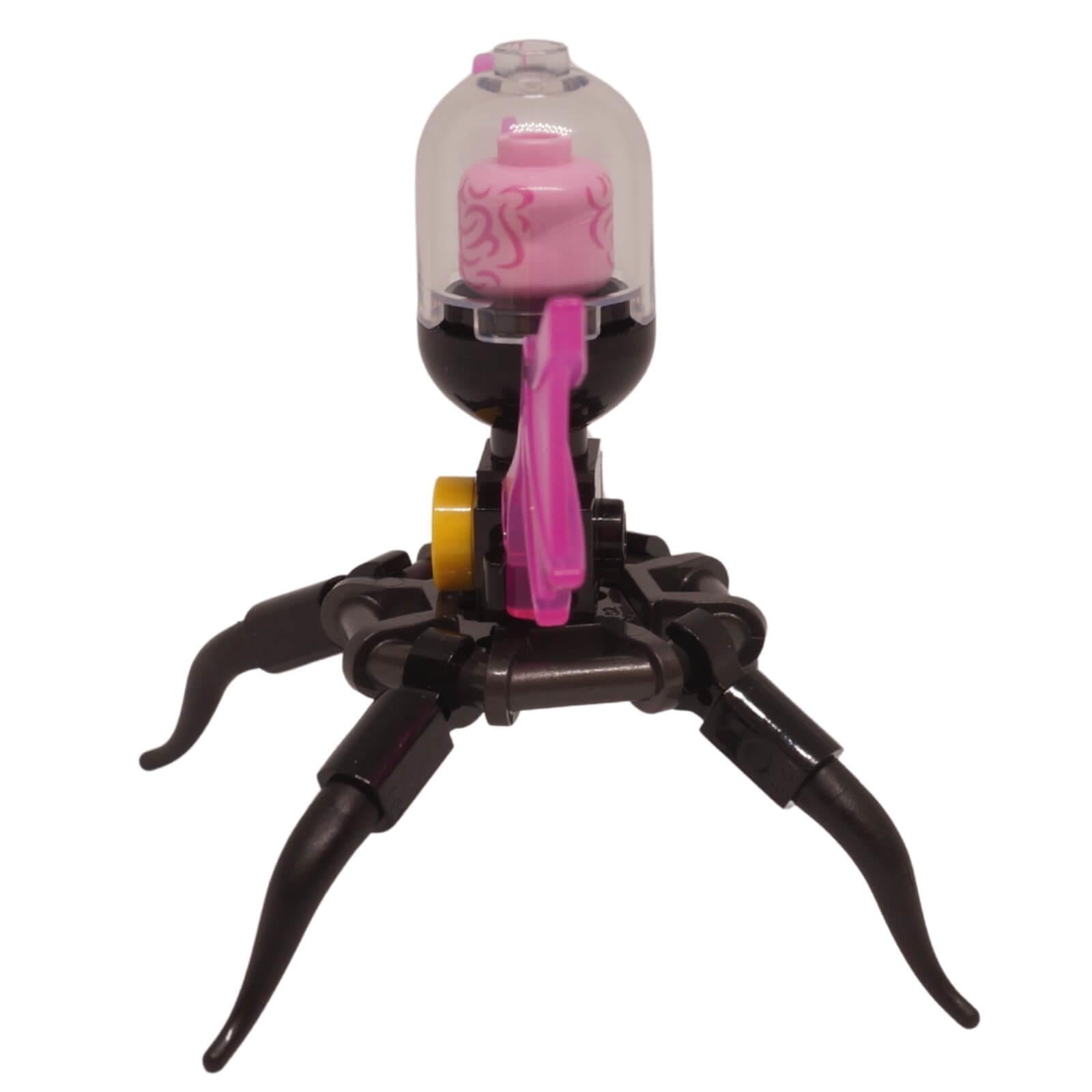 LEGO Dreamzzz Grimspawn creature with translucent pink wings, four black legs, and a pink head in a clear glass dome,side view.