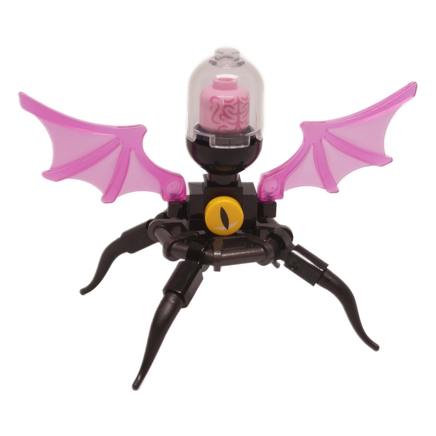 LEGO Dreamzzz Grimspawn creature with translucent pink wings, four black legs, and a pink head in a clear glass dome.