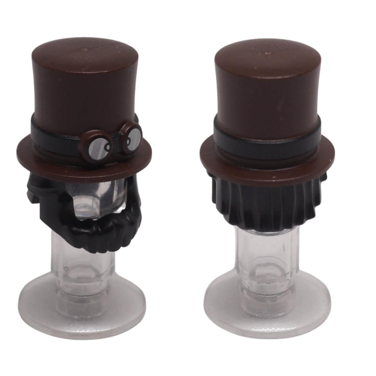 LEGO® hair and top hat combo 35179pb01 shown front and back with black beard, rear hair, dark brown tall hat and round goggles