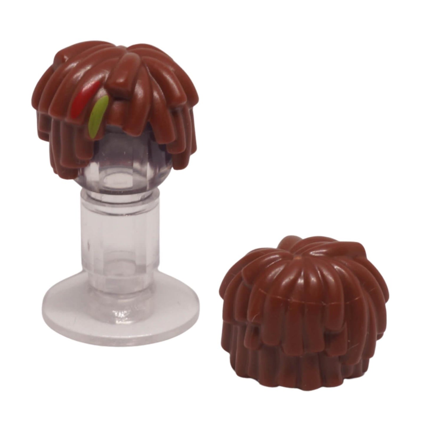 LEGO reddish brown short layered mop top minifigure hair with lime green and red streaks (Part 2003pb02).
