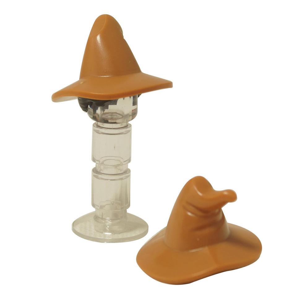 LEGO® Sorting Hat hairpiece, showing the medium nougat hat molded onto a short black hair base.