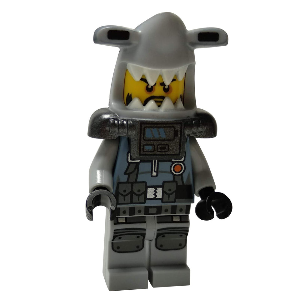 Hammer Head minifigur framifrån med svart skäggtryck, grå rustning, stora knäskydd och hajhjälm
