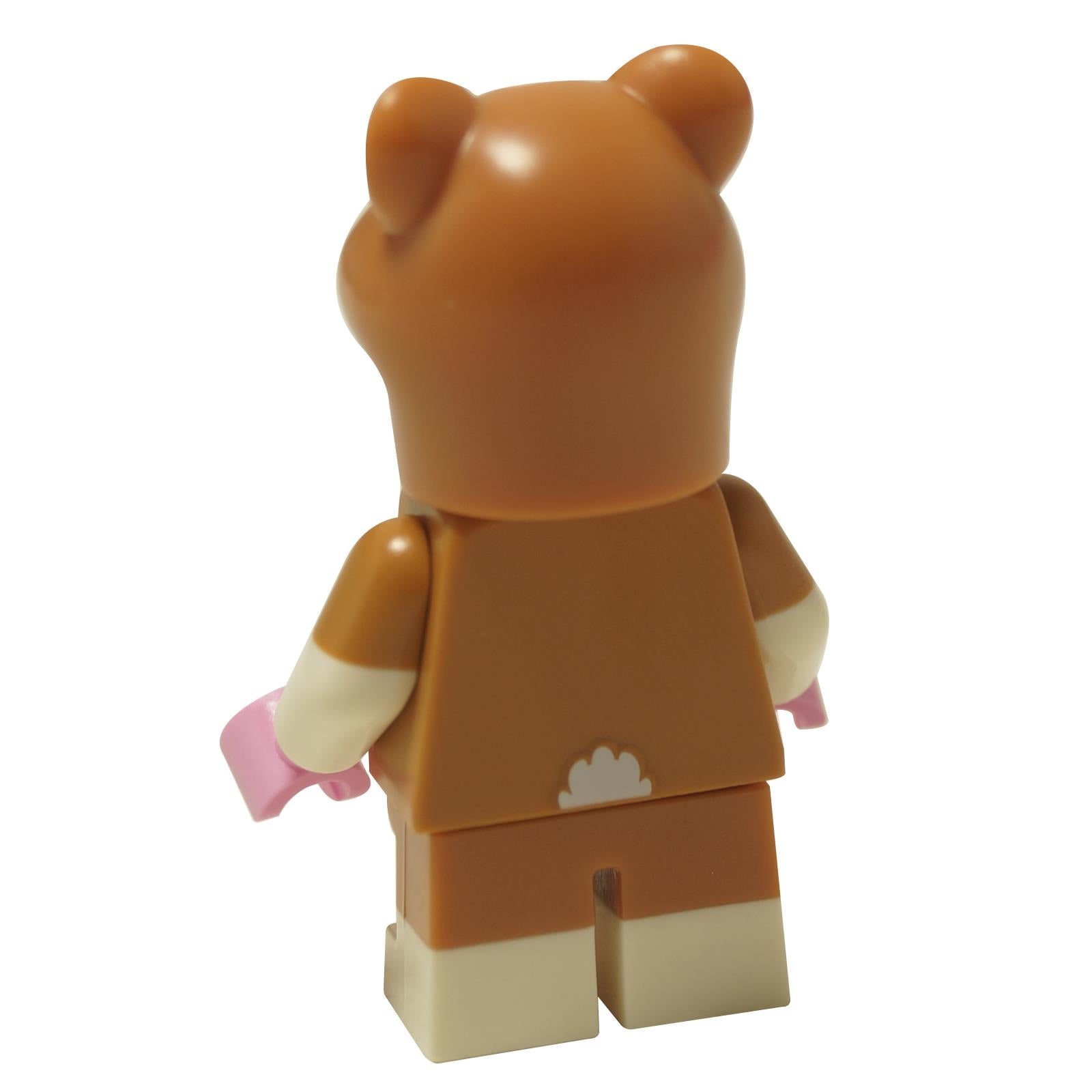 LEGO® Hamster Costume Fan minifigure (col449) with a joyful expression, wearing a full-body medium nougat hamster suit. Back view.