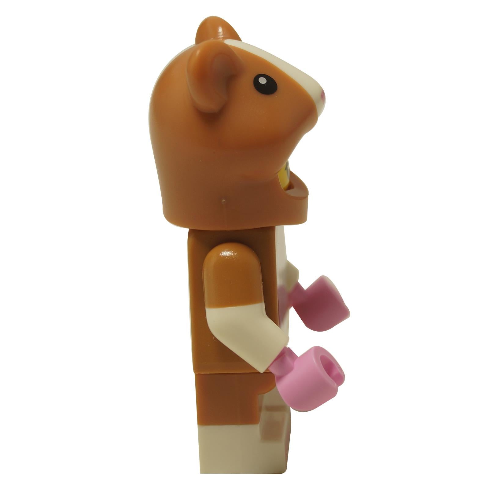 LEGO® Hamster Costume Fan minifigure (col449) with a joyful expression, wearing a full-body medium nougat hamster suit.Side profile view.