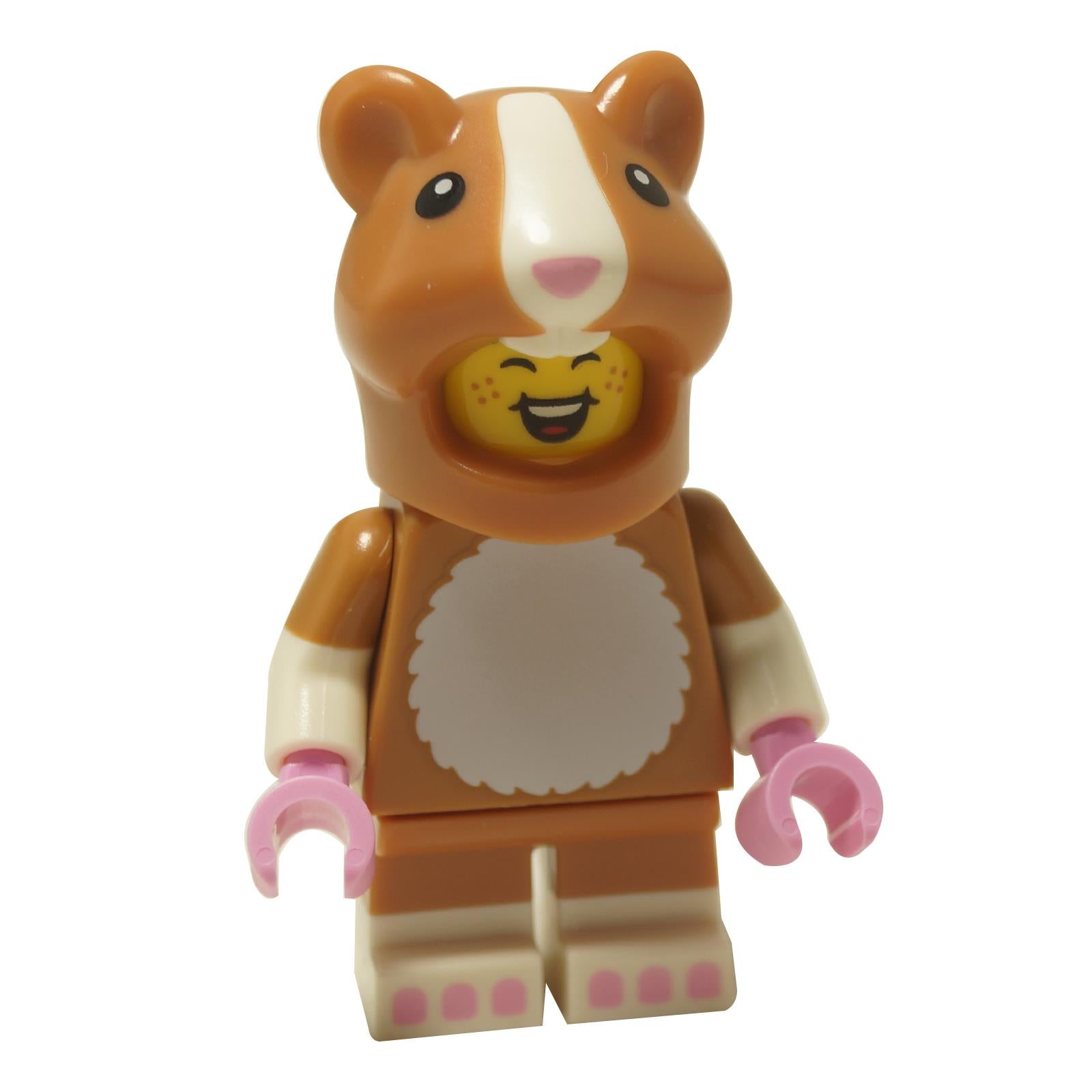 LEGO® Hamster Costume Fan minifigure (col449) with a joyful expression, wearing a full-body medium nougat hamster suit.