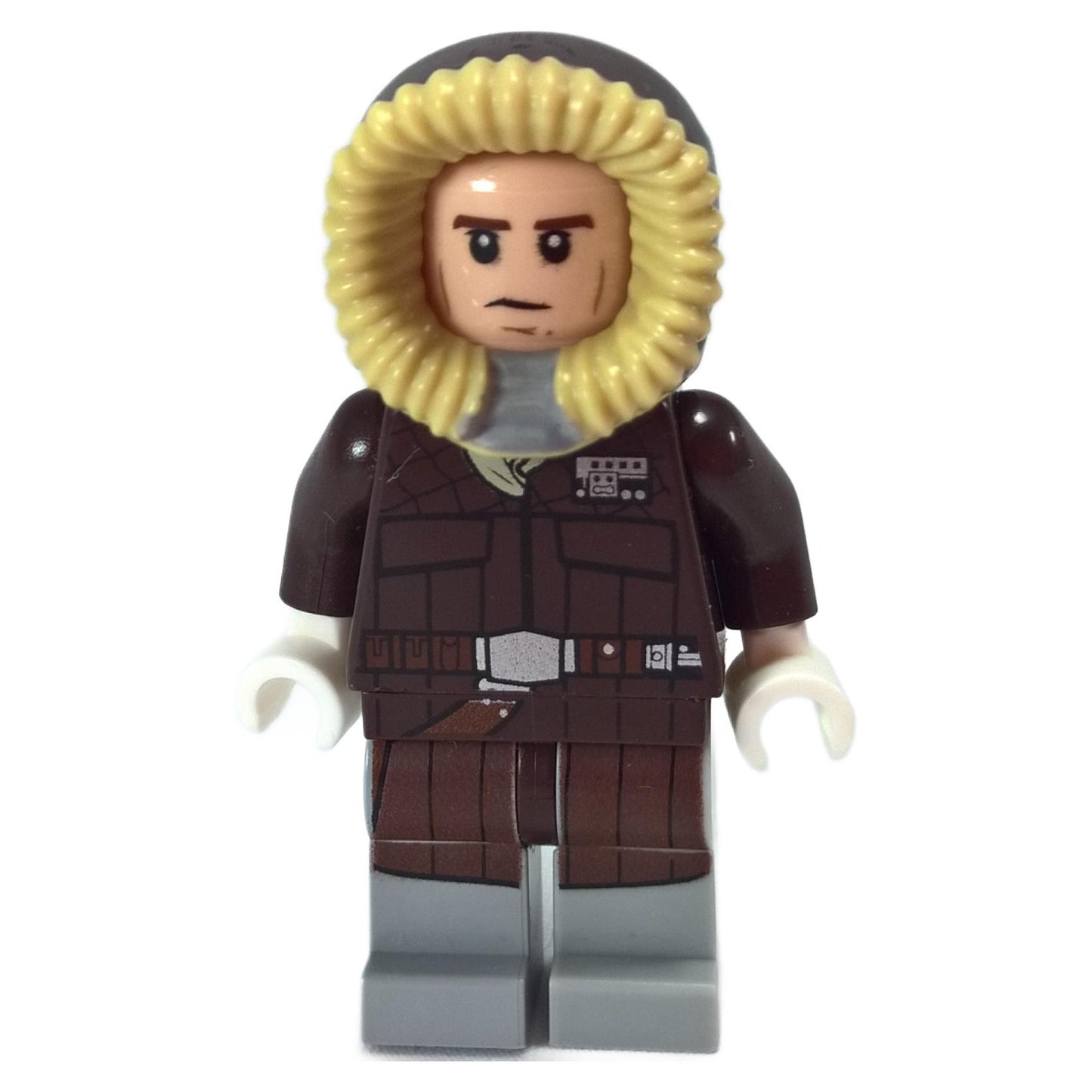 EGO Star Wars Han Solo minifigure shown from the front, wearing his dark brown Hoth parka with a yellow, fur-lined hood.