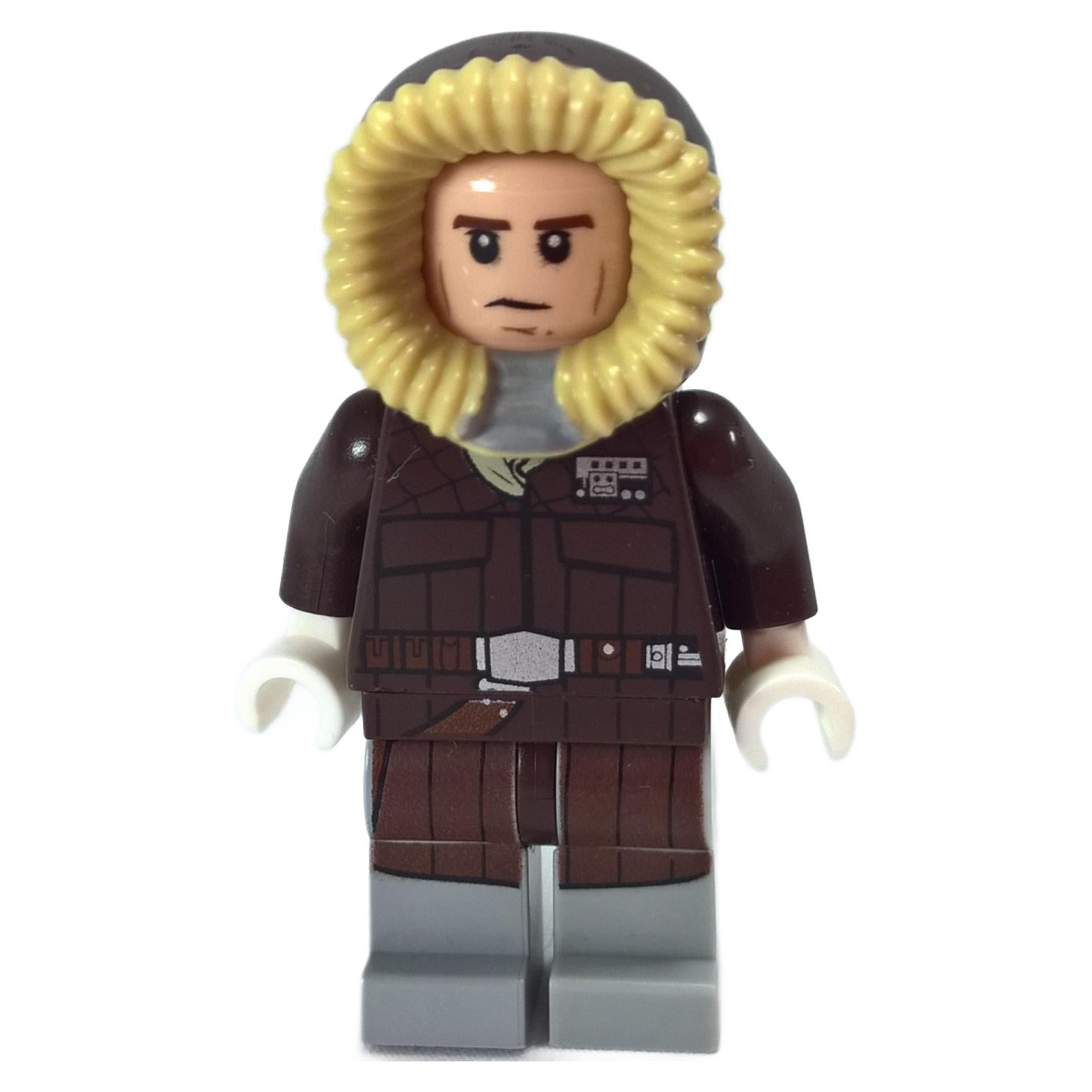 EGO Star Wars Han Solo minifigure shown from the front, wearing his dark brown Hoth parka with a yellow, fur-lined hood.