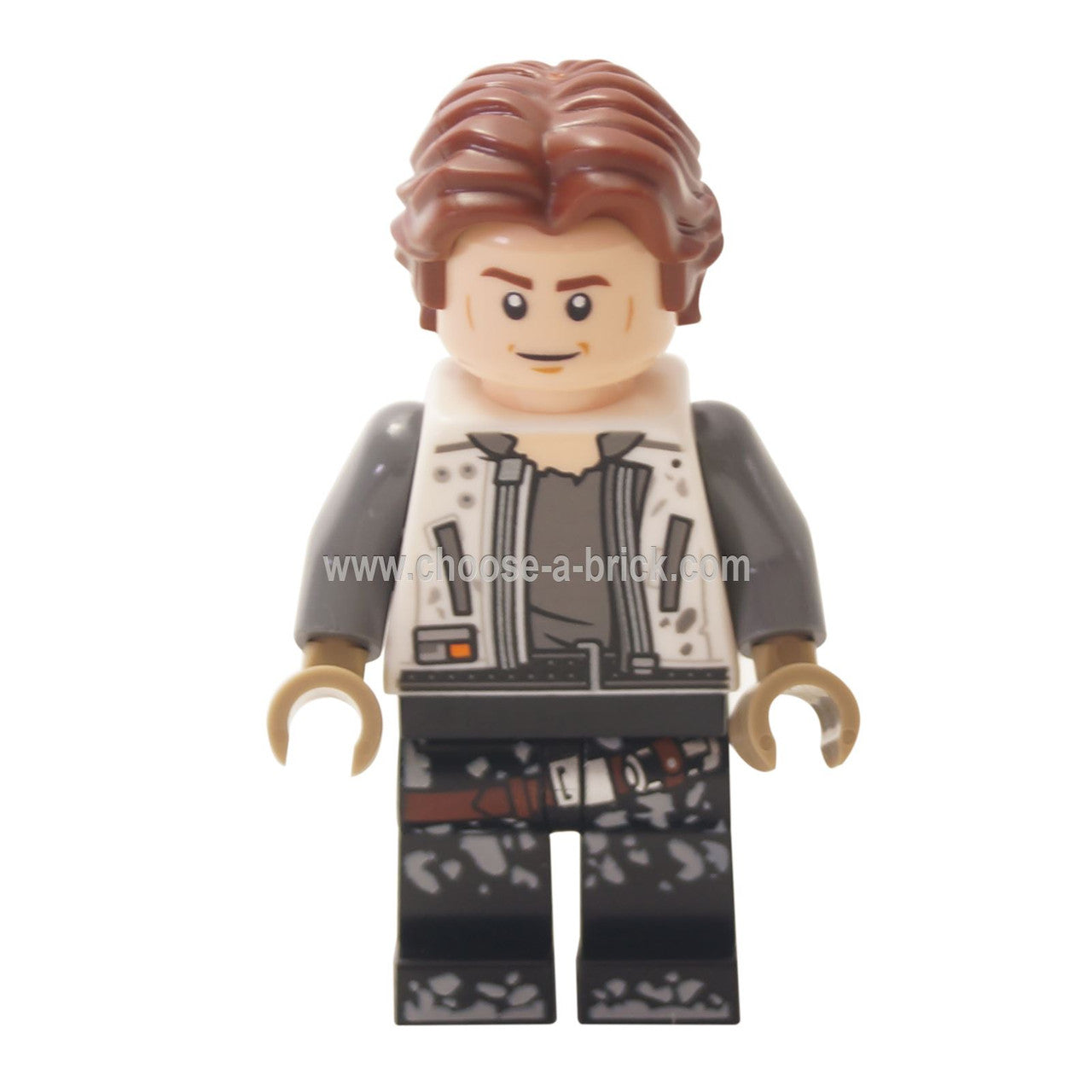  LEGO Star Wars Han Solo minifigure in his Mimban uniform, shown from the front. He wears a white jacket and his clothes and legs are stained with dirt.