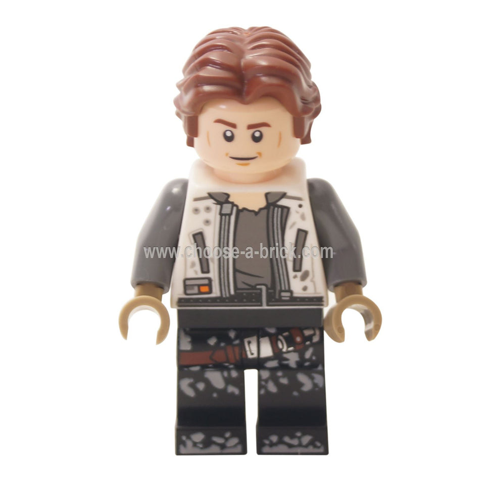  LEGO Star Wars Han Solo minifigure in his Mimban uniform, shown from the front. He wears a white jacket and his clothes and legs are stained with dirt.