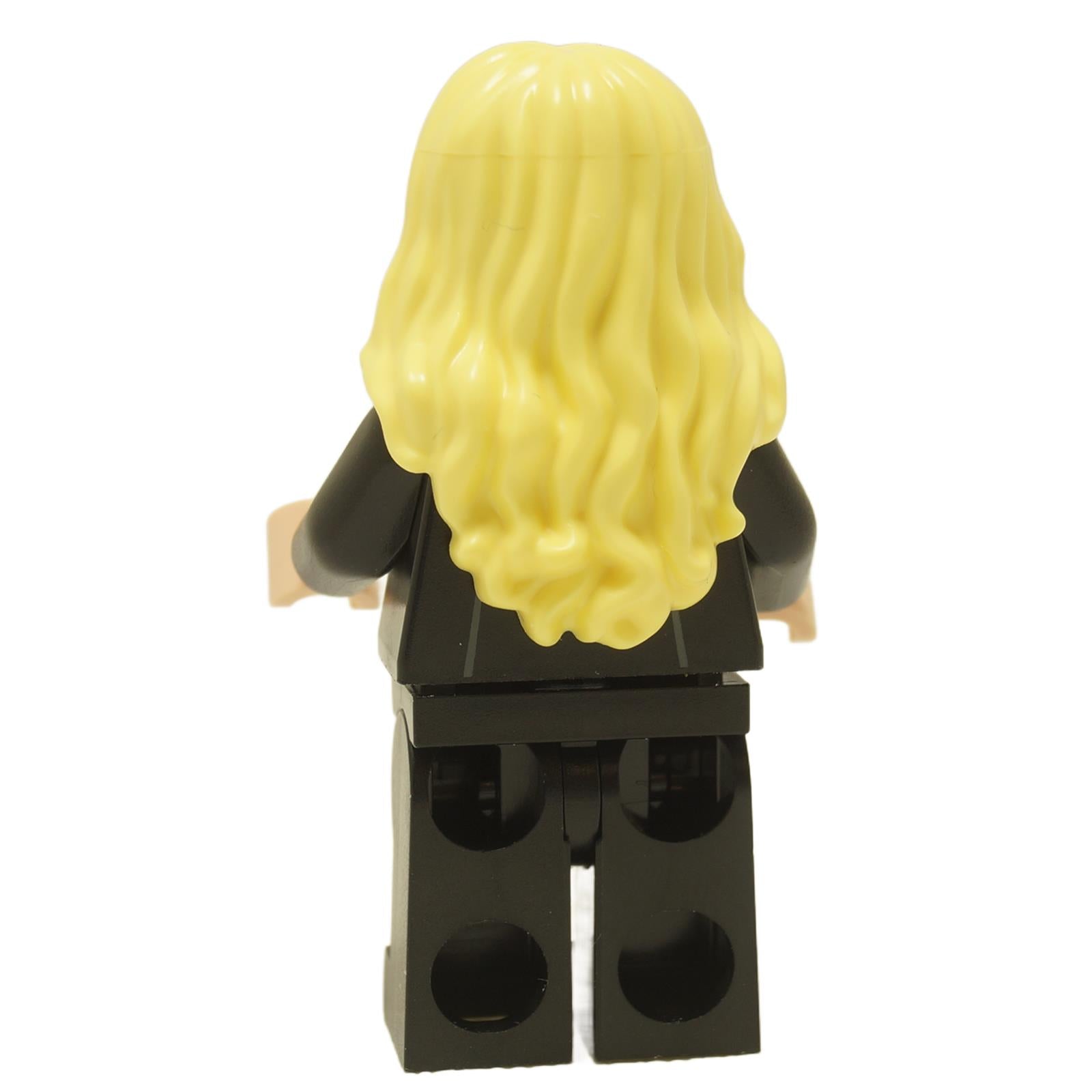 Back view of LEGO® Harry Potter Hannah Abbott minifigure hp407 wearing a black Hufflepuff robe and black legs
