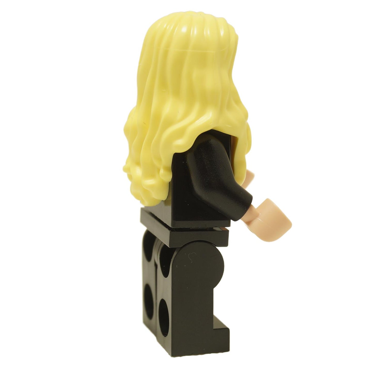 Side view of LEGO® Harry Potter Hannah Abbott minifigure hp407 wearing a black Hufflepuff robe and black legs
