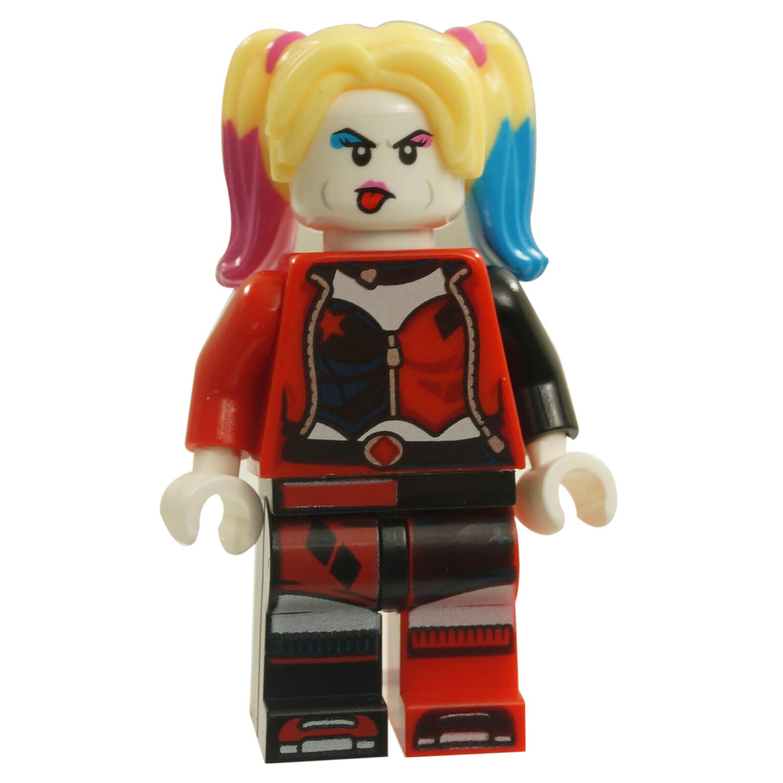 Harley Quinn™ LEGO® minifigure sh0650 in black and red outfit with coloured pigtails
