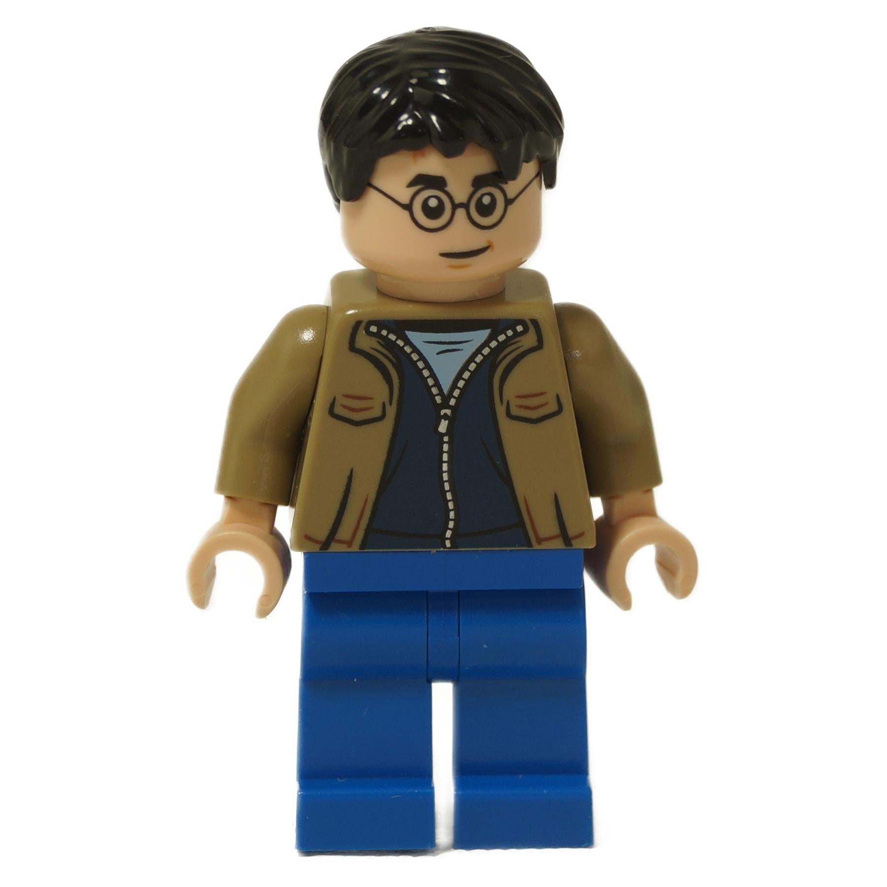 LEGO Harry Potter minifigure (hp408) wearing a casual dark tan jacket over a blue zipped shirt, with blue legs and his signature glasses and lightning bolt scar.