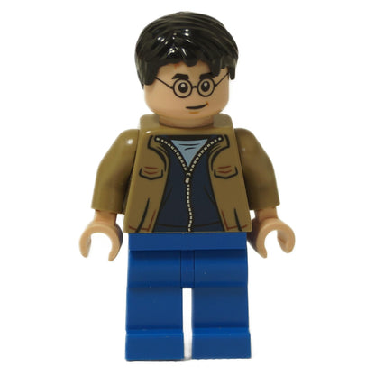 LEGO Harry Potter minifigure (hp408) wearing a casual dark tan jacket over a blue zipped shirt, with blue legs and his signature glasses and lightning bolt scar.