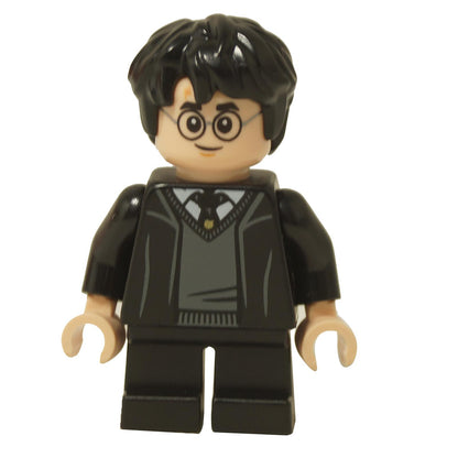 LEGO Harry Potter minifigure (hp470) wearing his black Hogwarts school robe over a dark grey V-neck sweater and a black tie with a gold crest.