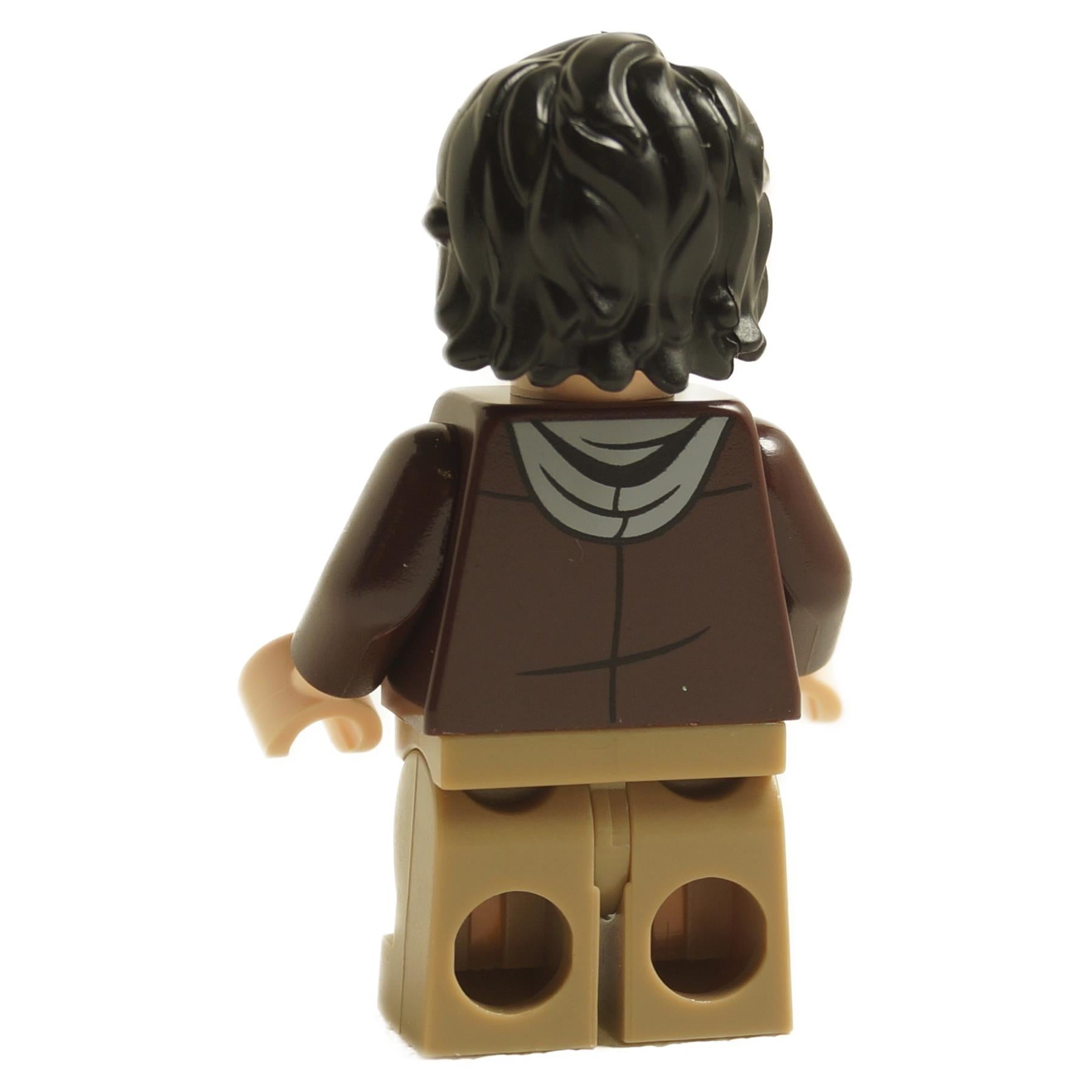 Back view of LEGO Harry Potter minifigure with black hair wearing dark brown open jacket and tan legs