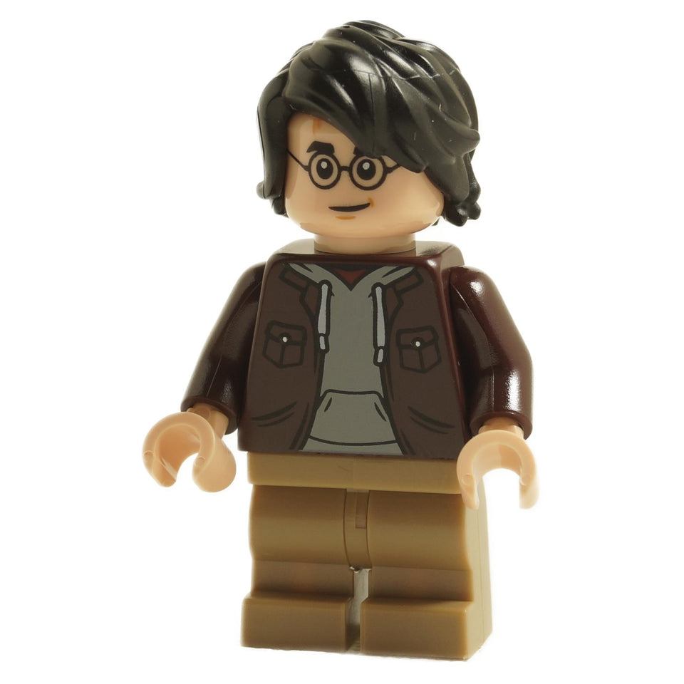 LEGO Harry Potter minifigure with dark brown jacket, gray hoodie, round glasses, and messy black hair.