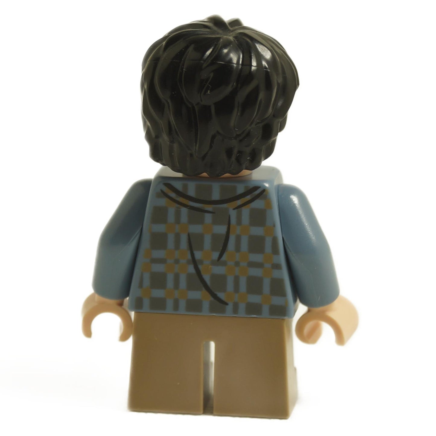 Back view of LEGO Harry Potter minifigure hp316 with black hair wearing sand blue jacket and tan legs