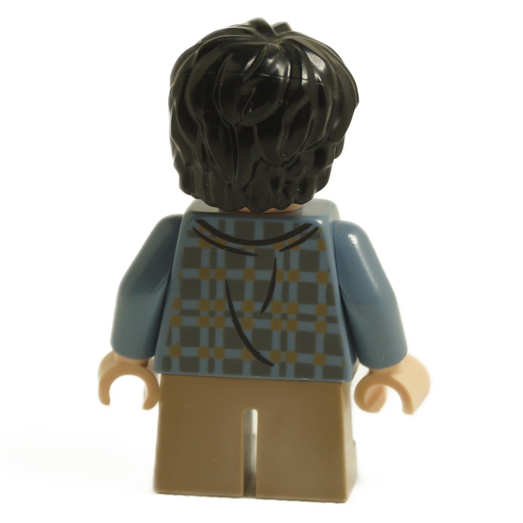 Back view of LEGO Harry Potter minifigure hp316 with black hair wearing sand blue jacket and tan legs