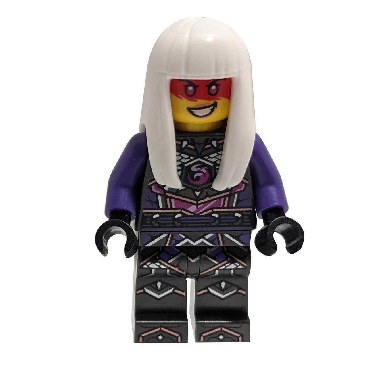 Minifigurka LEGO Ninjago Harumi Crystalized s bílými vlasy, fialovou zbrojí a červeným potiskem obličeje njo0768
