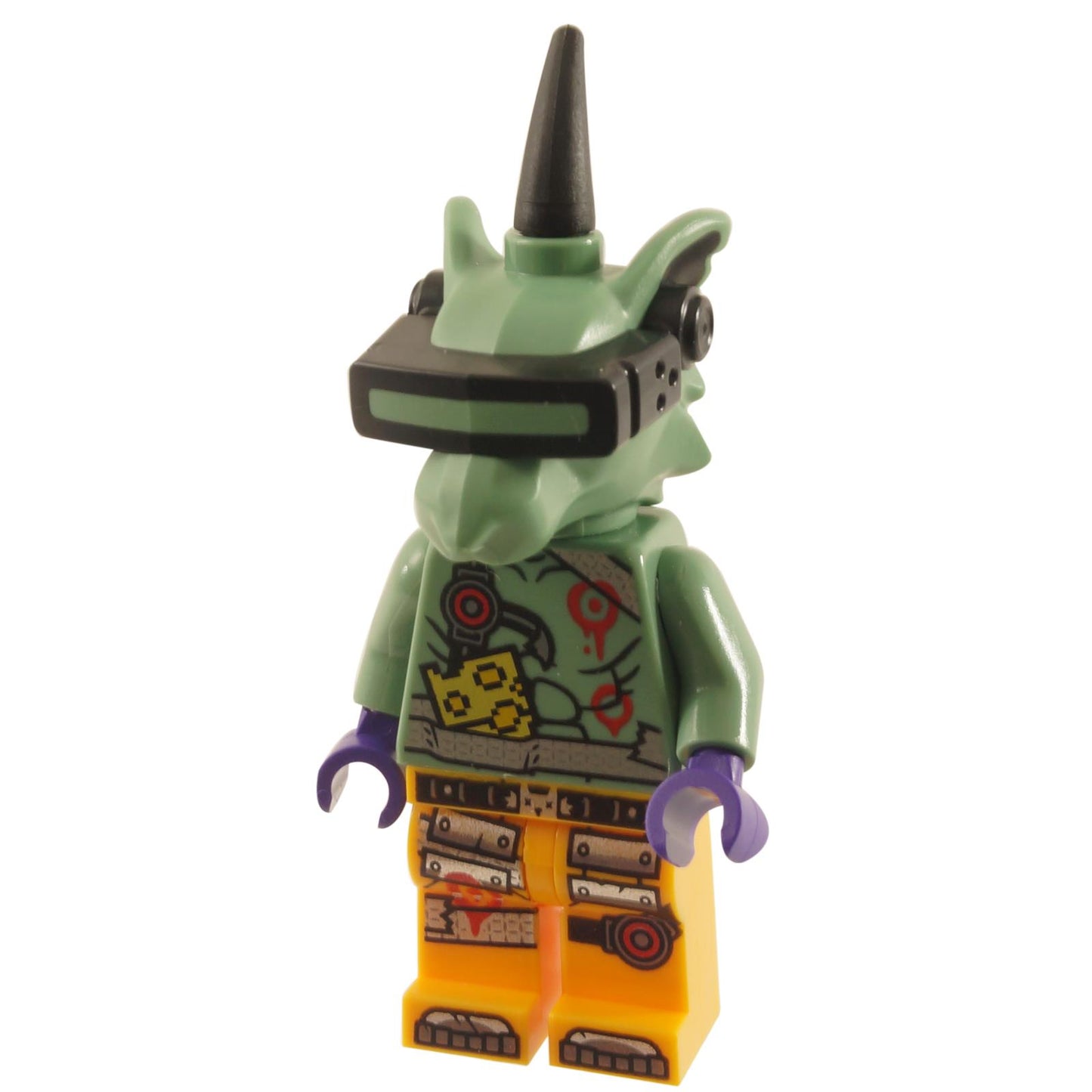 LEGO NINJAGO minifigure representing the character Hausner with a green and yellow outfit, black VR headset, and cybernetic enhancements.