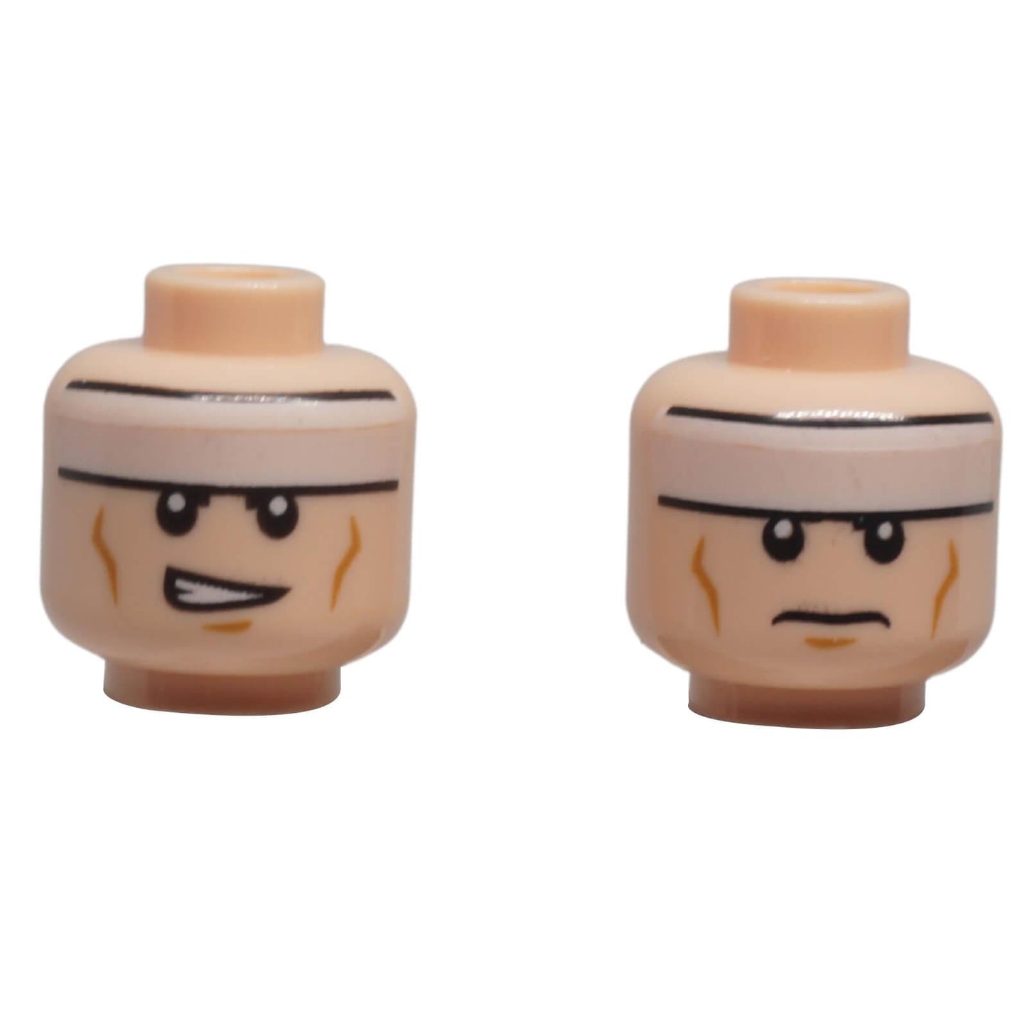 Dual-sided light flesh-tone LEGO® minifigure head 3626pb0637 with a white headband, frown and lopsided open-mouth expression.