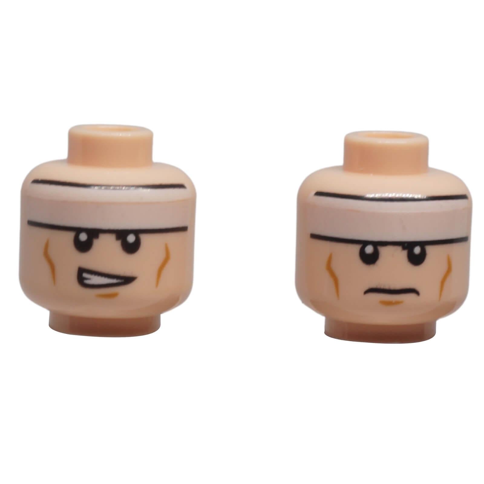 Dual-sided light flesh-tone LEGO® minifigure head 3626pb0637 with a white headband, frown and lopsided open-mouth expression.