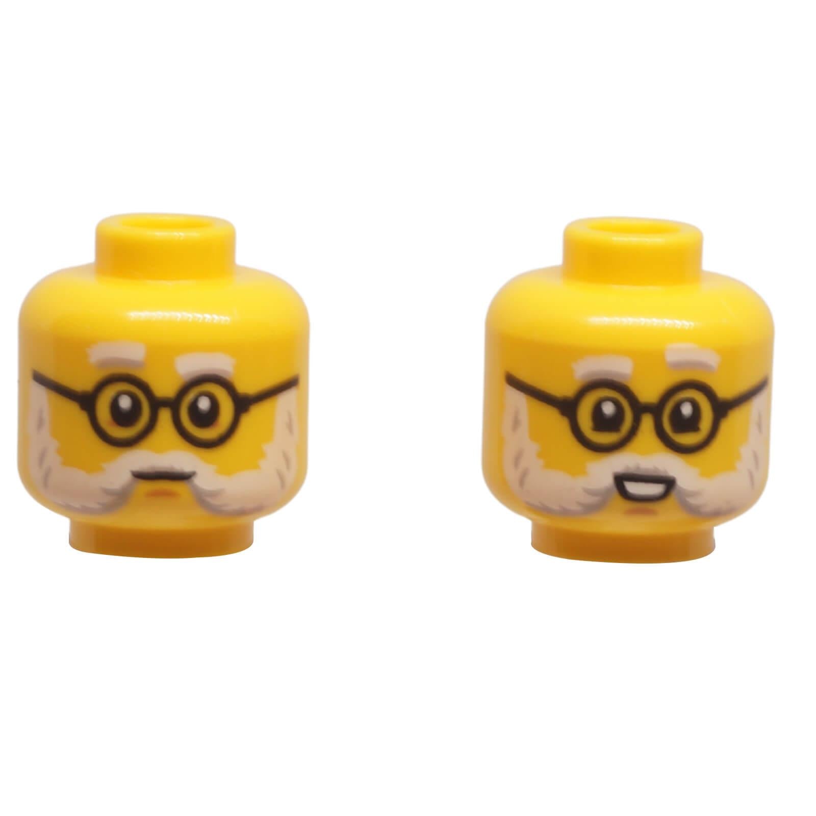 LEGO® Minifigure Head 3626pb3491 yellow with white beard, round glasses, and dual-sided smile.