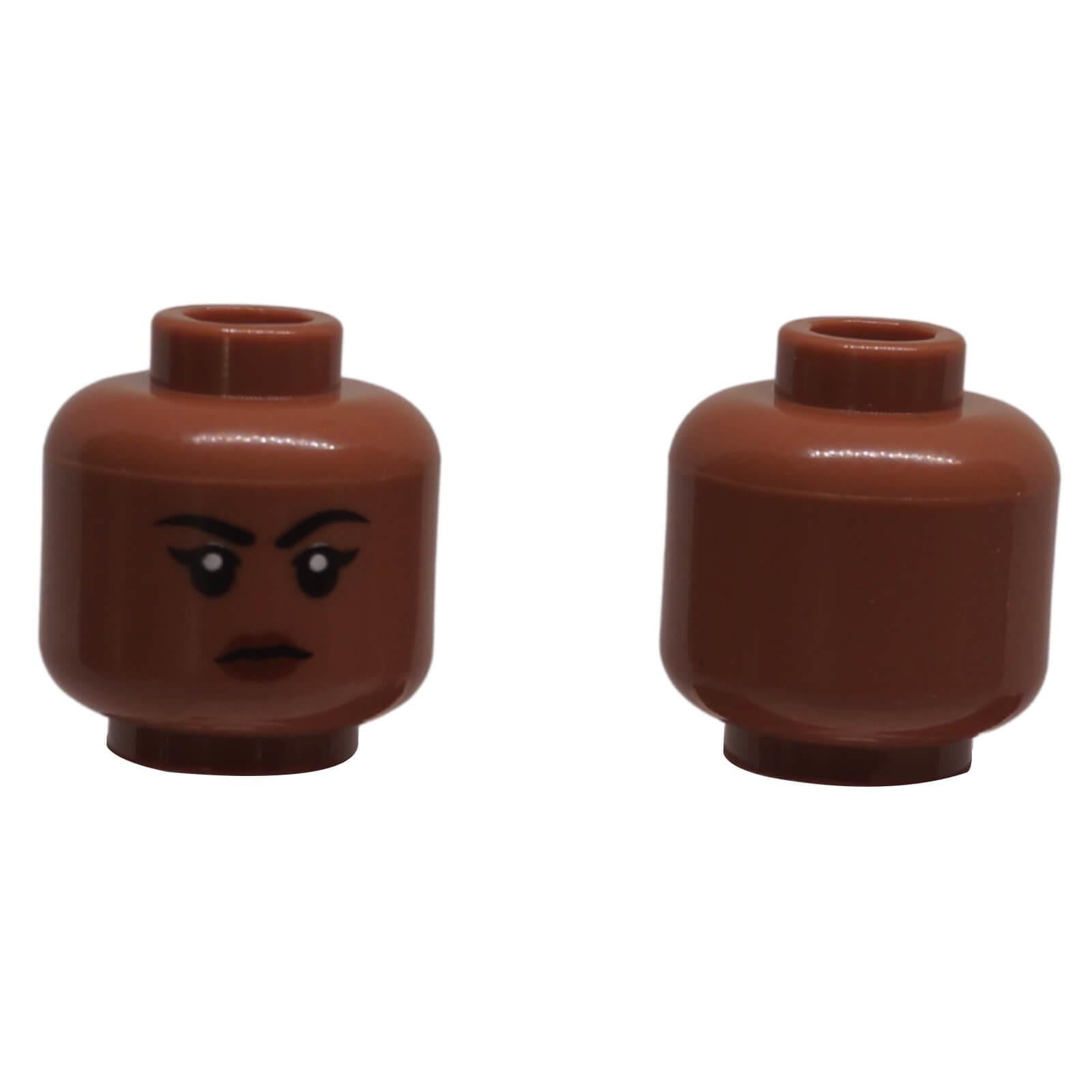 LEGO® Minifigure Head 3626pb3250 reddish brown with black eyelashes and reddish brown lips.
