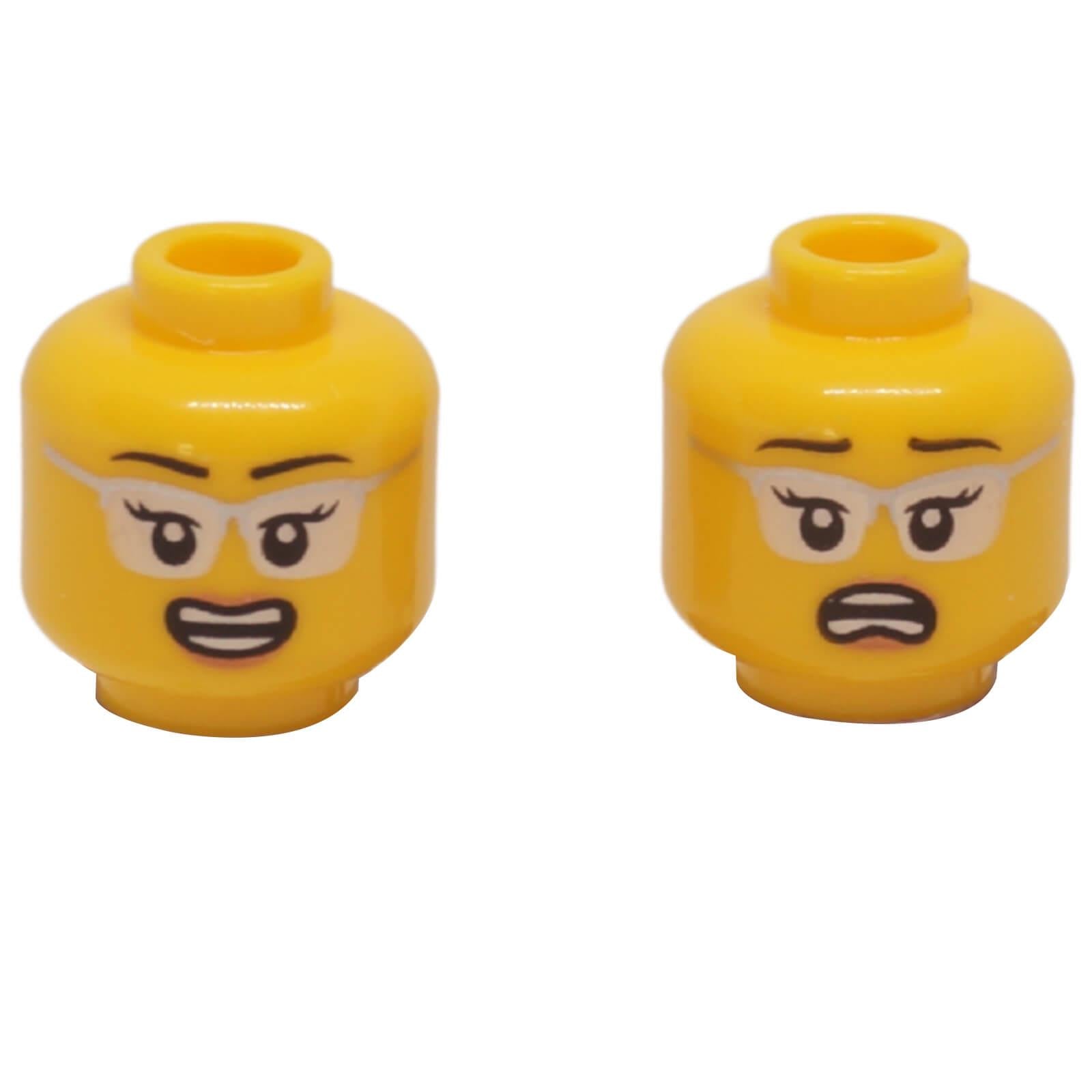 LEGO® Minifigure Head 3626pb3367 with silver glasses, dual-sided smile and scared facial expressions.