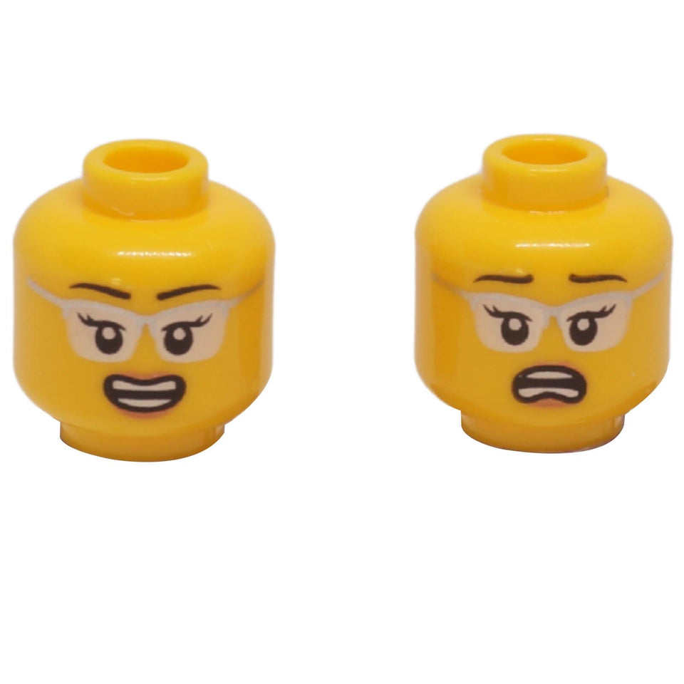LEGO® Minifigure Head 3626pb3367 with silver glasses, dual-sided smile and scared facial expressions.