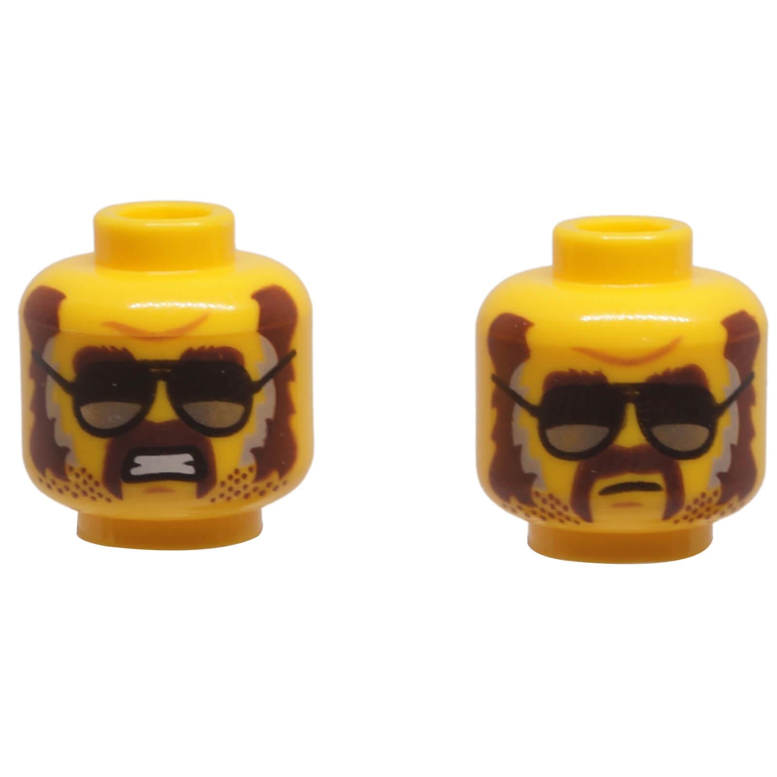 LEGO® Minifigure Head 3626pb3369 featuring dark brown sideburns, moustache, and silver sunglasses.