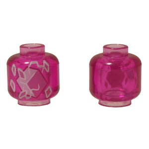 A transparent dark pink LEGO® head (3626pb3757) with a printed central power cube graphic, surrounded by white energy crackles and crystal shapes.