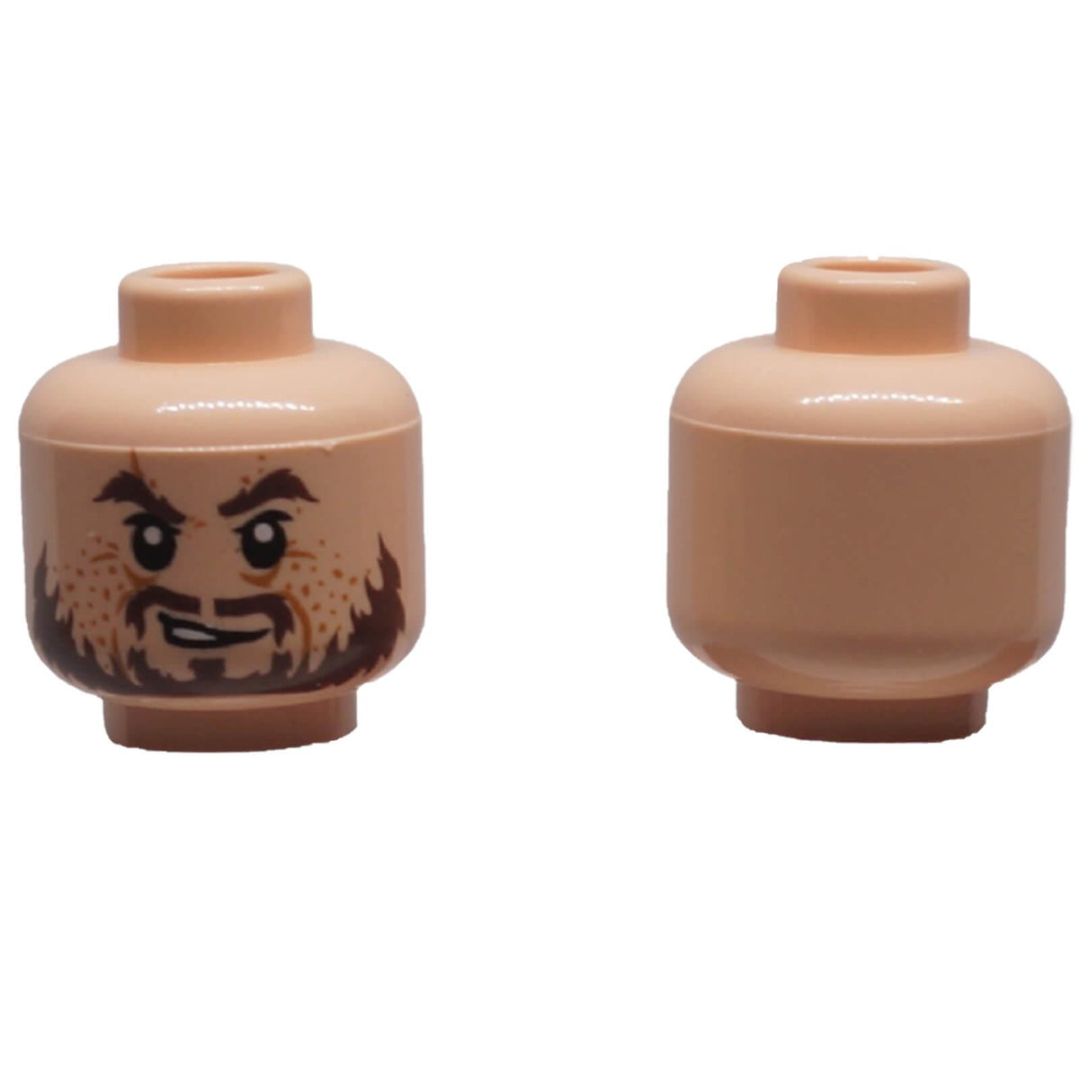 LEGO® Hector Barbossa head 3626pb0558 shown front and back with ragged brown beard, moustache, thick eyebrows and grinning face