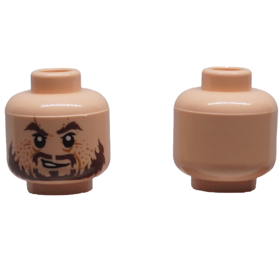 LEGO® Hector Barbossa head 3626pb0558 shown front and back with ragged brown beard, moustache, thick eyebrows and grinning face