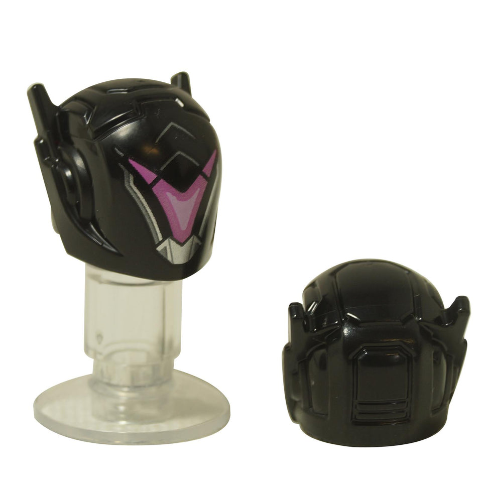  LEGO® Black Sci-Fi Helmet with a printed pink and silver V-shaped visor. Angled and back views.