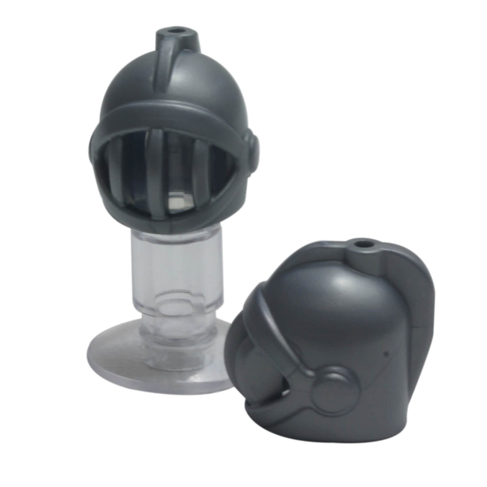 Castle knight helmet with a fixed face grille and top stud for plumes or accessories (Part x167) in flat silver.
