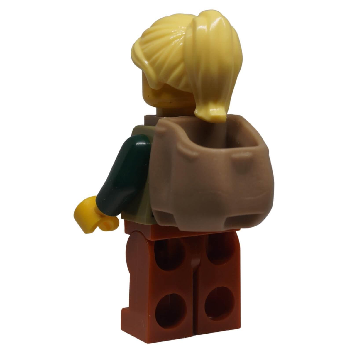 LEGO® Herbalist minifigure bdp211 with blonde hair, olive green medieval outfit, backpack in back view