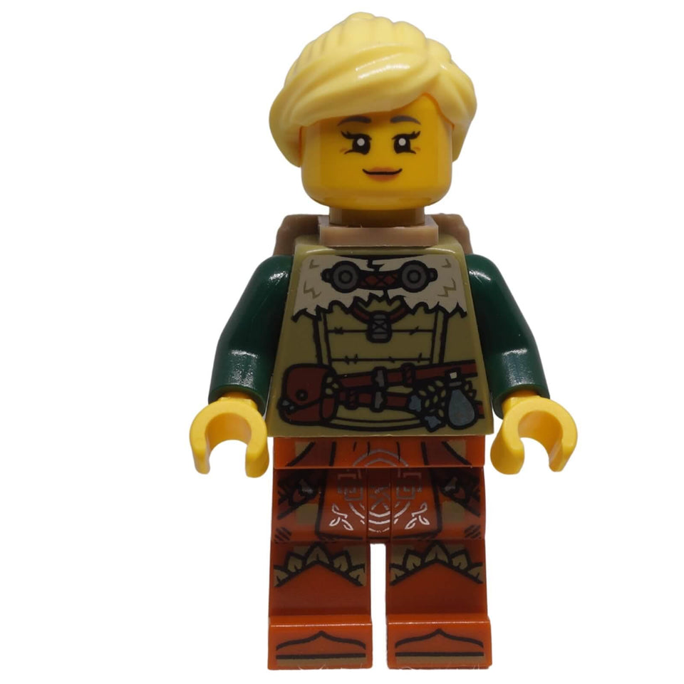 LEGO® Herbalist minifigure bdp211 with olive green tunic, blonde hair, brown backpack and closed-mouth smiling face