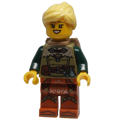 LEGO® Herbalist minifigure bdp211 with blonde hair, olive green medieval outfit, backpack and alternate open-mouth smiling face