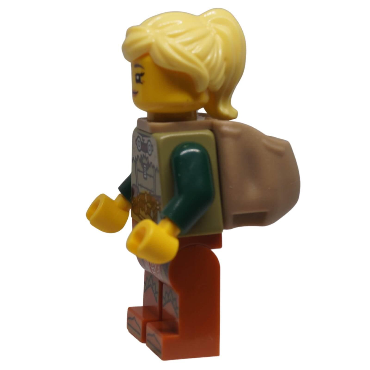 LEGO® Herbalist minifigure bdp211 with blonde hair, olive green medieval outfit, backpack in side view