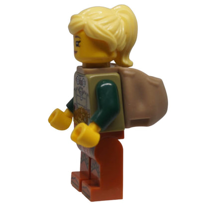 LEGO® Herbalist minifigure bdp211 with blonde hair, olive green medieval outfit, backpack in side view