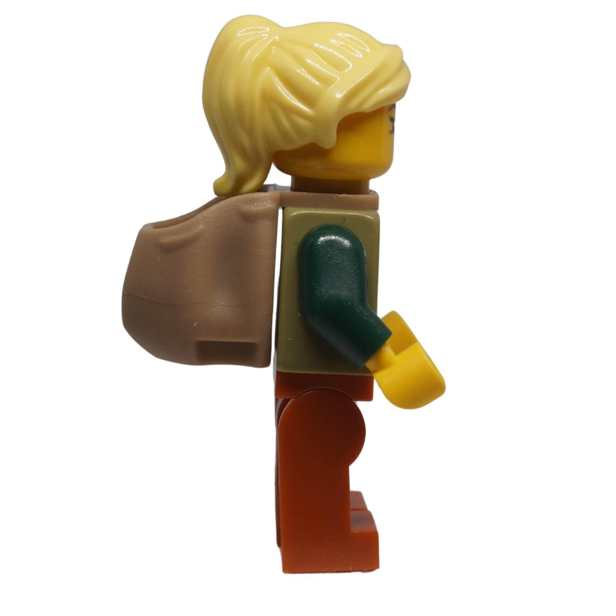 LEGO® Herbalist minifigure bdp211 with blonde hair, olive green medieval outfit, backpack in side view