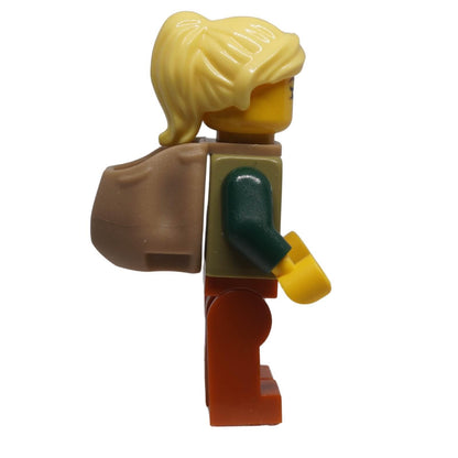 LEGO® Herbalist minifigure bdp211 with blonde hair, olive green medieval outfit, backpack in side view