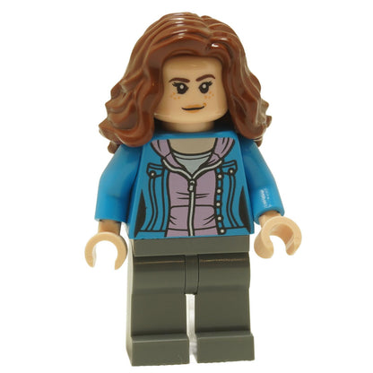LEGO minifigure representing Hermione Granger with wavy brown hair, wearing a dark azure jacket over a bright pink hoodie.
