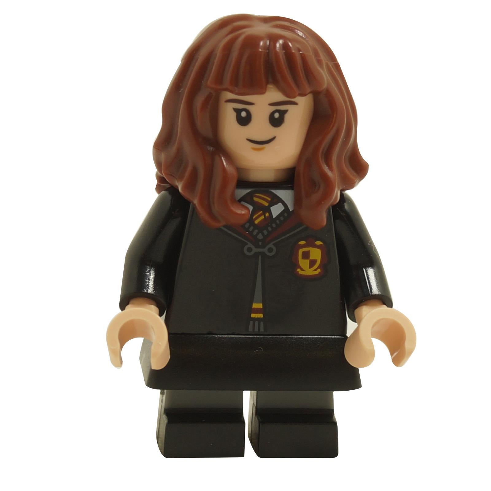 LEGO minifigure of Hermione Granger in Gryffindor robes with black skirt and black short legs.