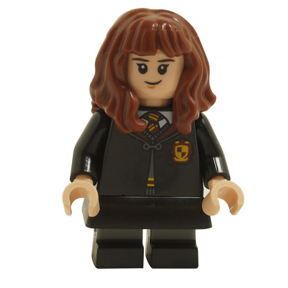 LEGO minifigure of Hermione Granger in Gryffindor robes with black skirt and black short legs.