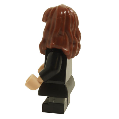 Side view of LEGO® Harry Potter Hermione Granger minifigure wearing a clasped Gryffindor robe with black skirt and black short legs
